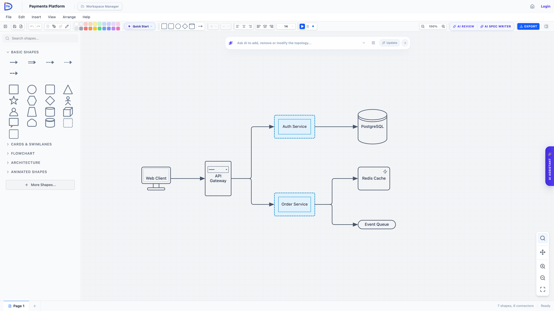 Seconds later: the same design as native, fully editable FloDraw shapes and connectors